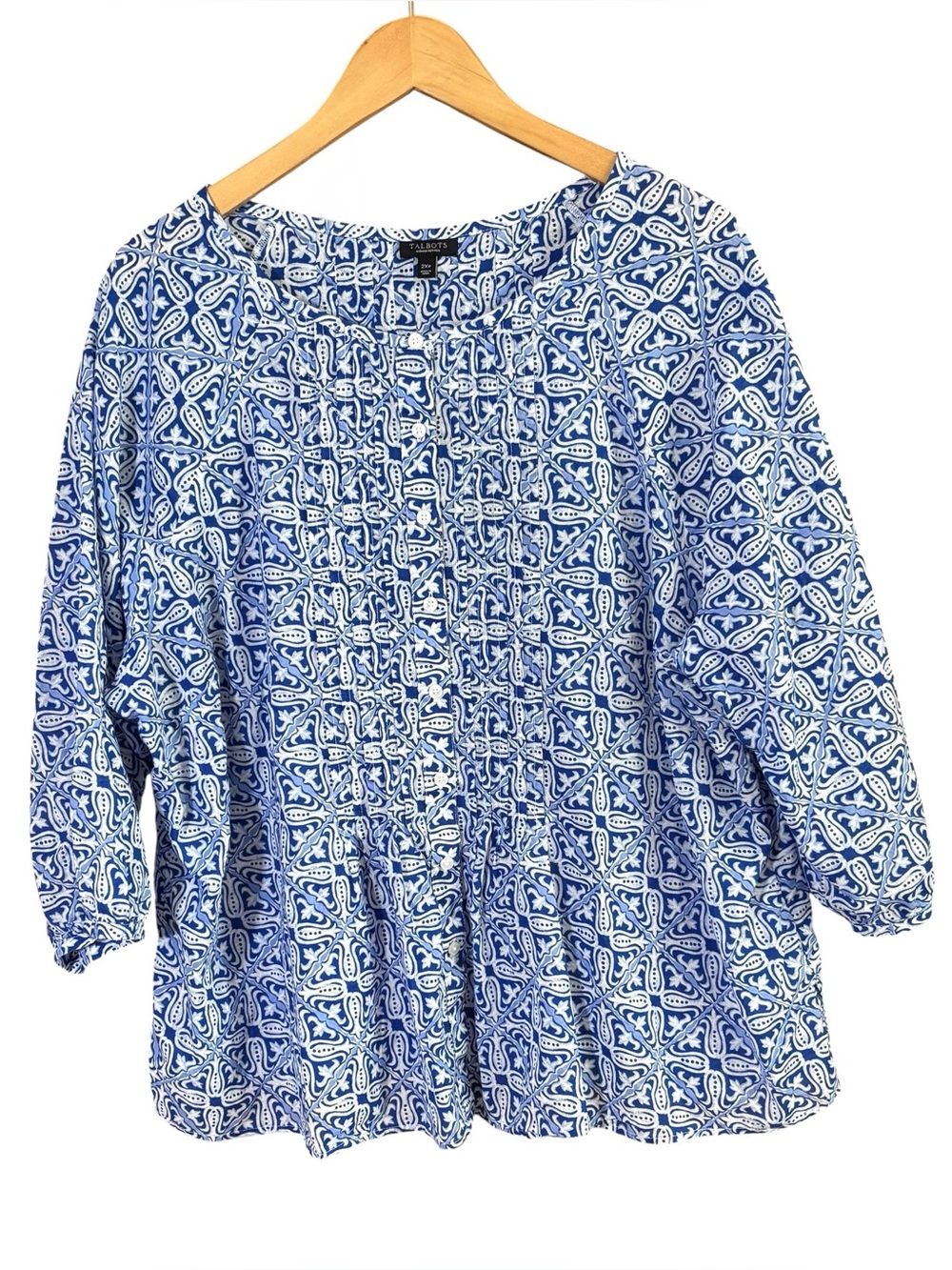 Talbots 2XP Petite Blue Floral Medallion Cotton Pintuck Button Front Blouse